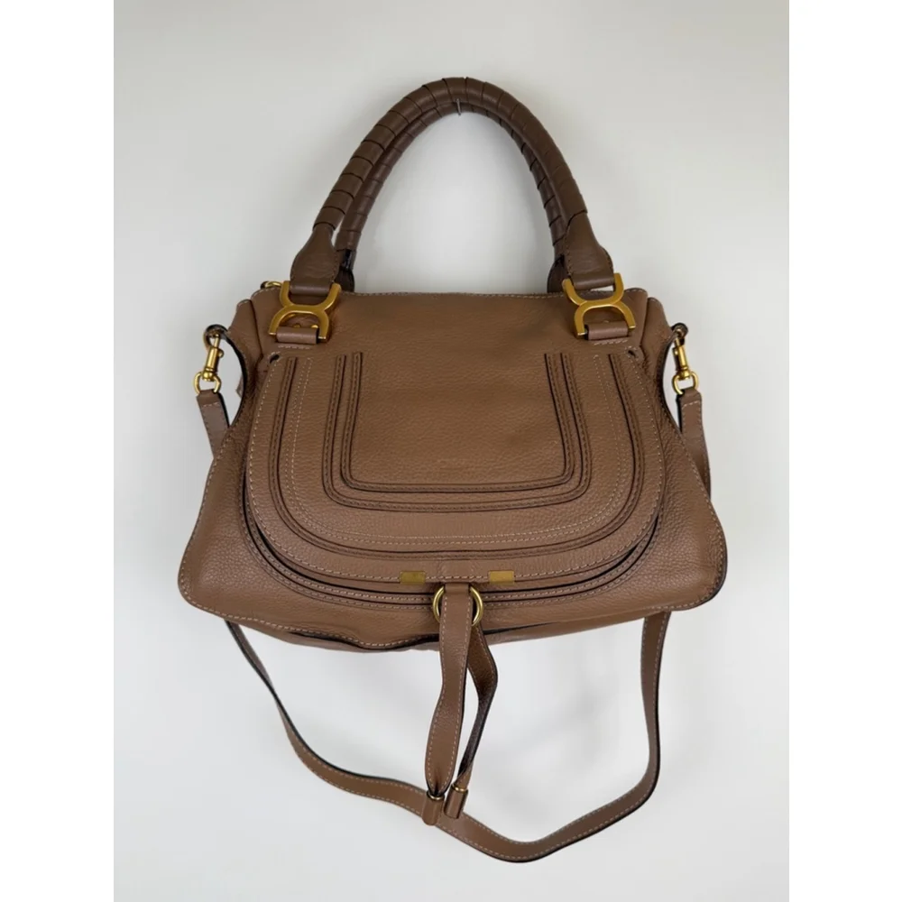 Chloe Marcie Medium Double Carry Satchel Bag in Grained Leather in Nut